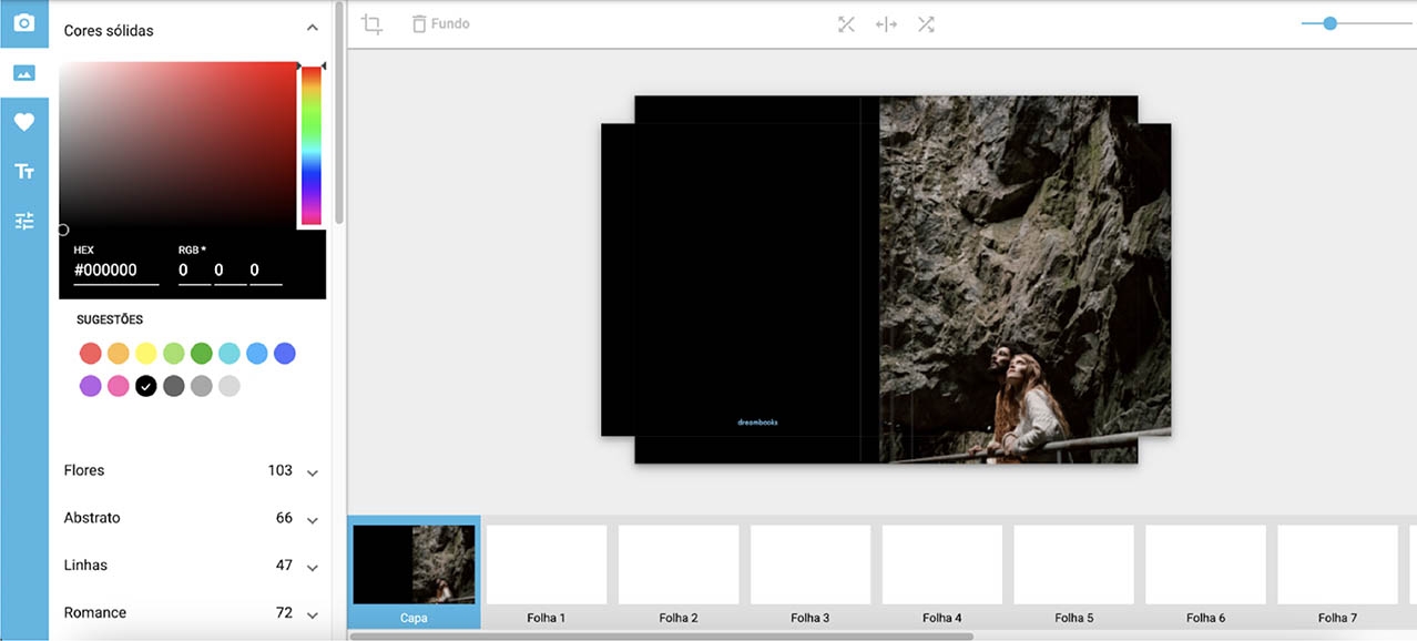 aplicar uma cor sólida à capa ou contracapa do foto livro dreambooks